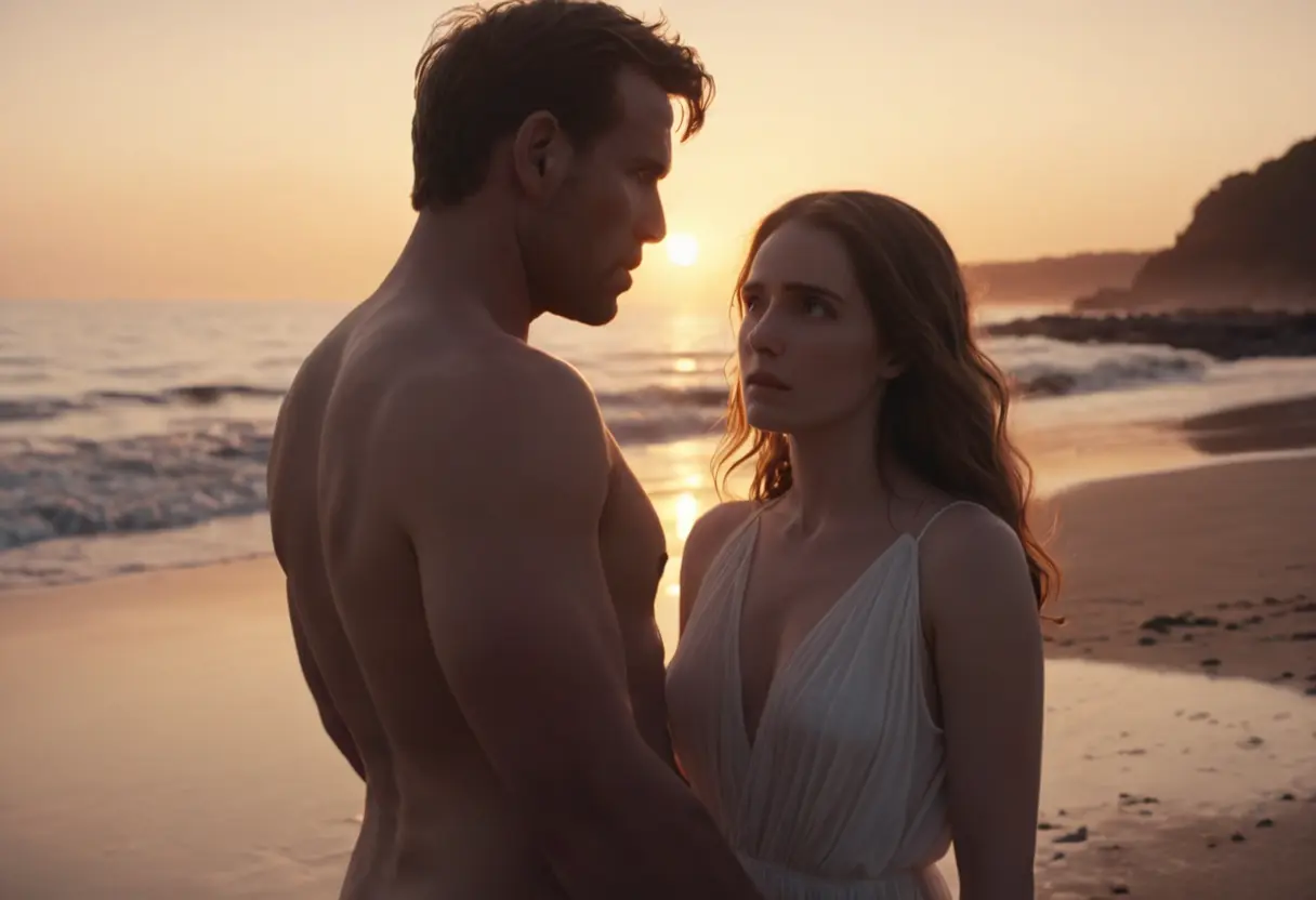 A man and woman standing in a sunset glow, but the woman is partially made of light and looks out of focus.