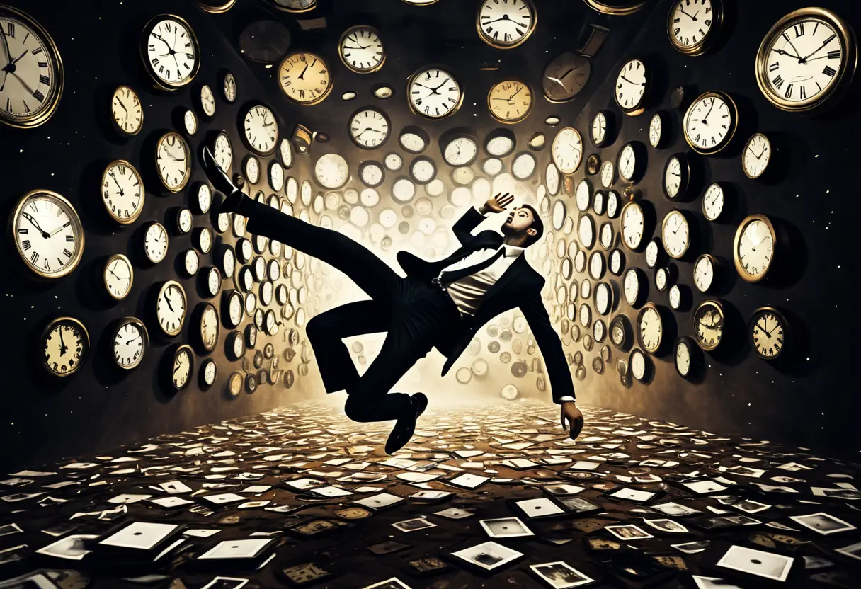 A man falling through a void of clocks and memories.
