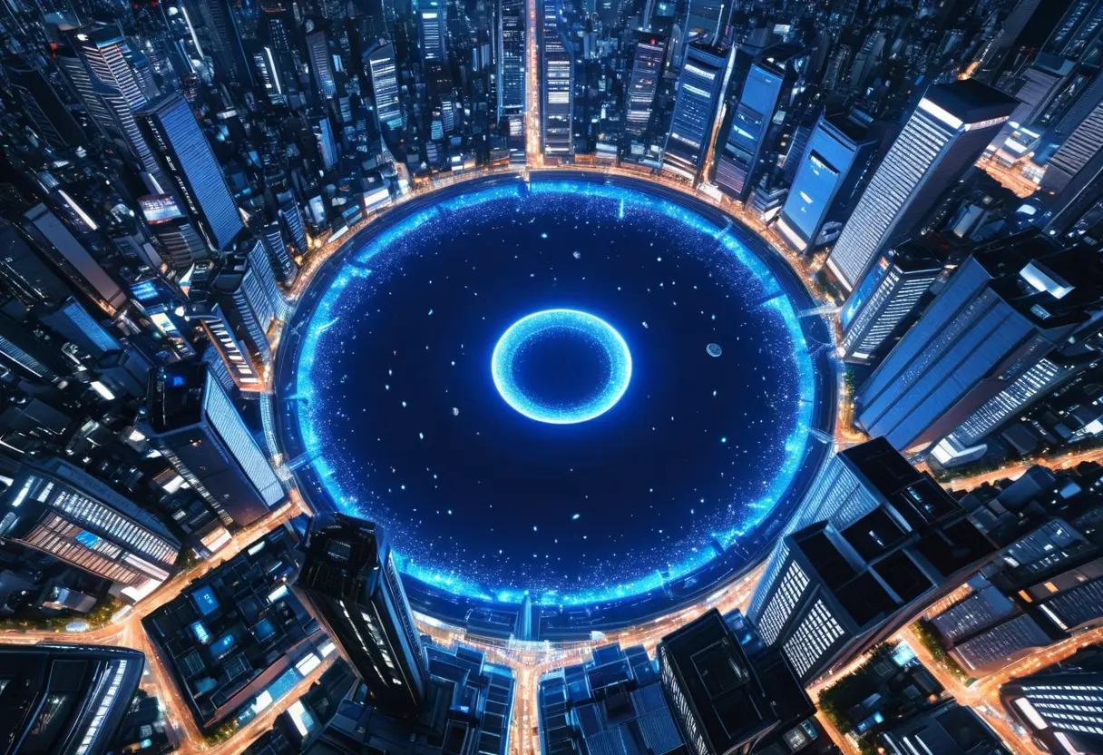 A glowing portal over a Japanese city.