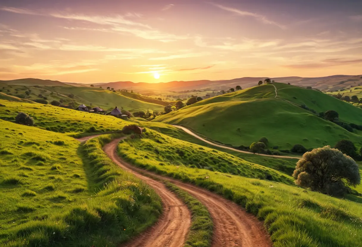 A sunset view over the rolling hills of the Shire.