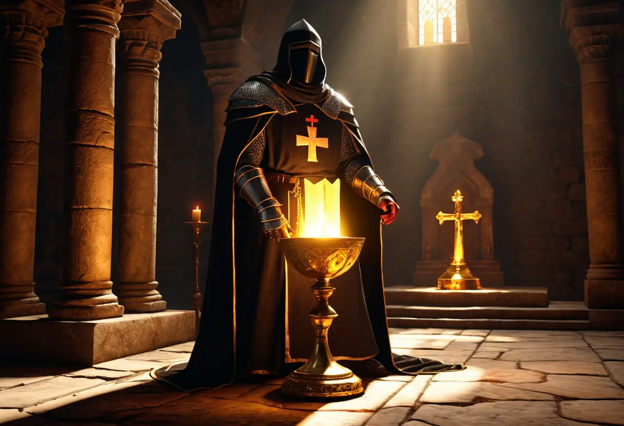 A templar knight guarding a golden chalice.