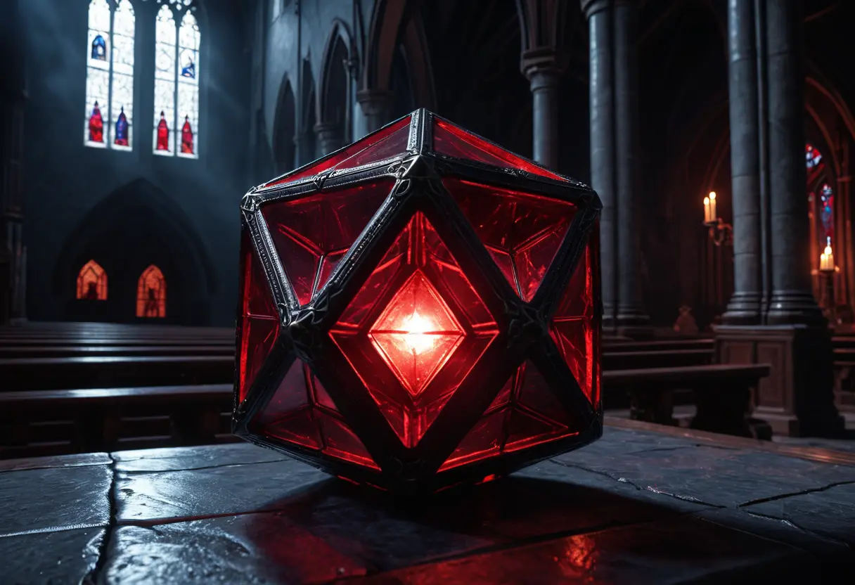 A dark crystal polyhedron in an ornate metal box.