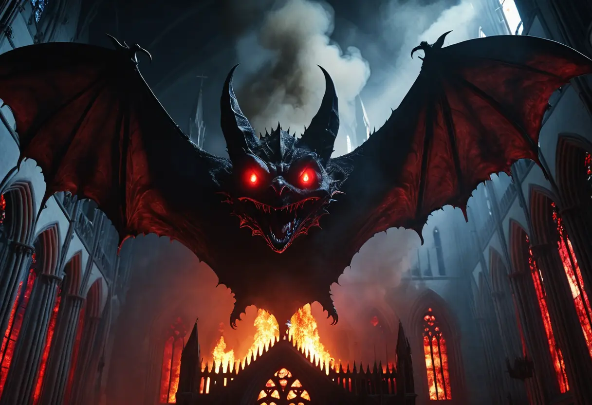 A 3-eyed bat-like monster rising in a dark church.