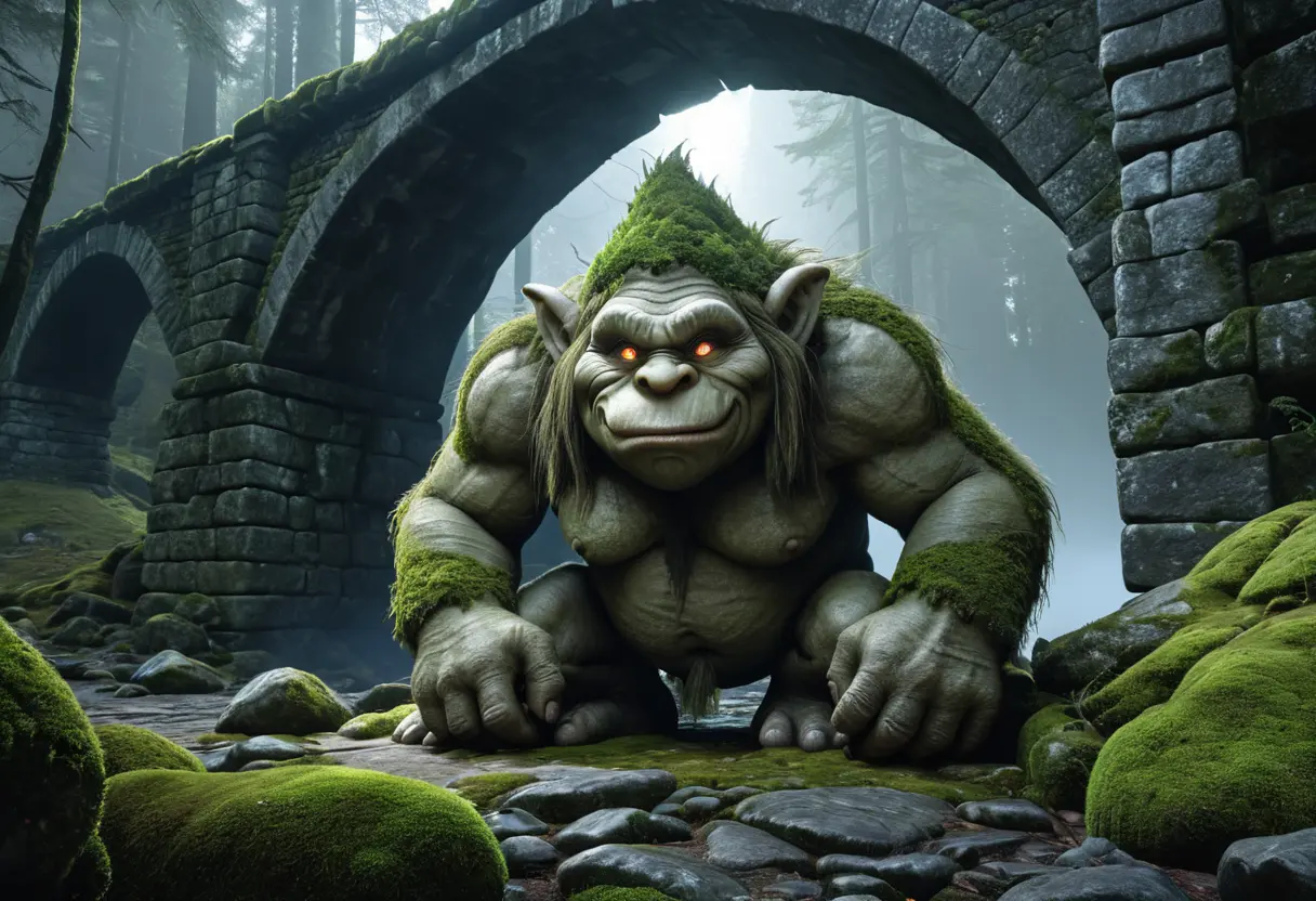A massive, moss-covered Troll under a stone bridge.