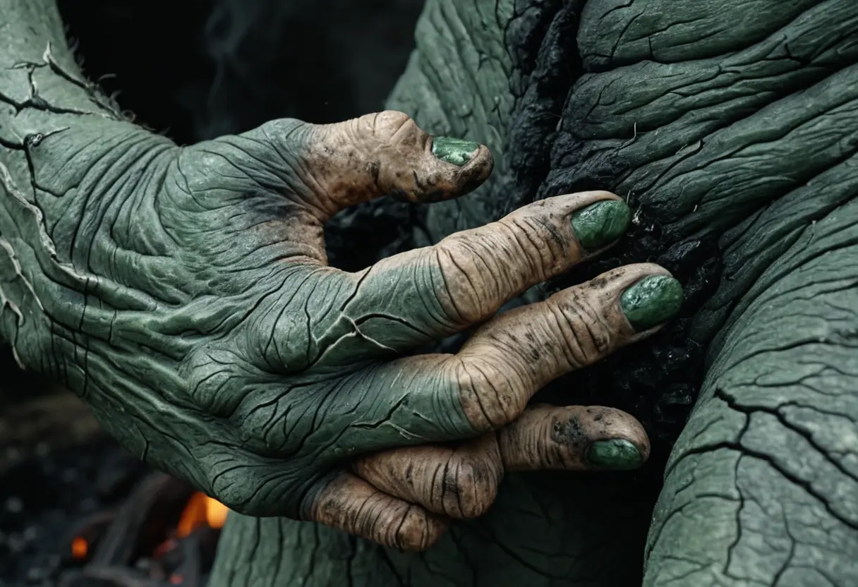 A Troll&rsquo;s hand regenerating from a burn mark.
