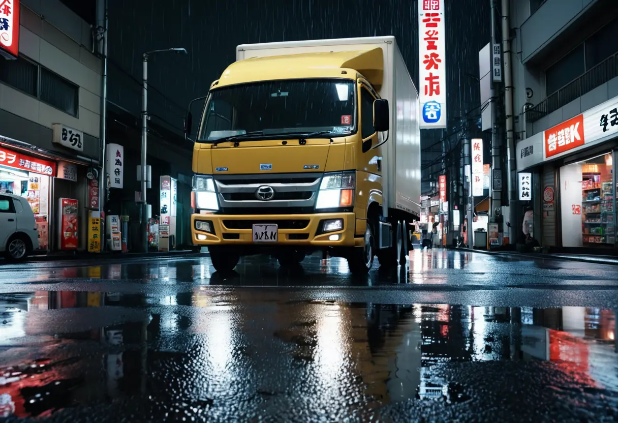 A truck in a rainy Japanese street.