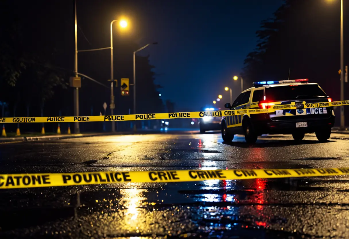 Police tape on a rainy night.