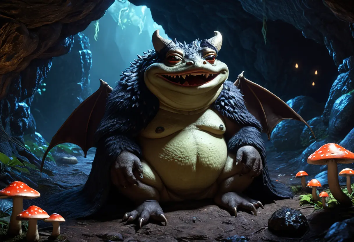 A massive toad-like deity sitting in a dark cavern half-asleep.