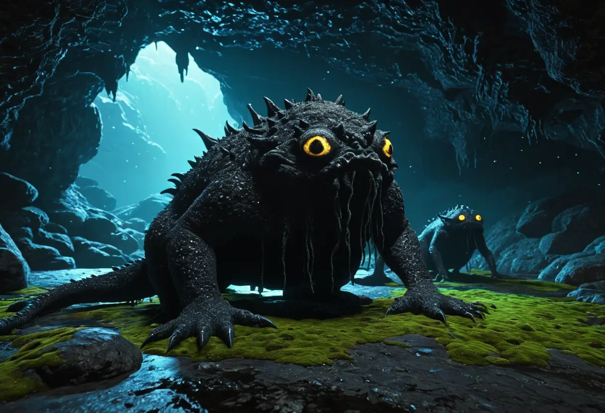 A strange, black amorphous creature (Shoggoth-like) in a cave.