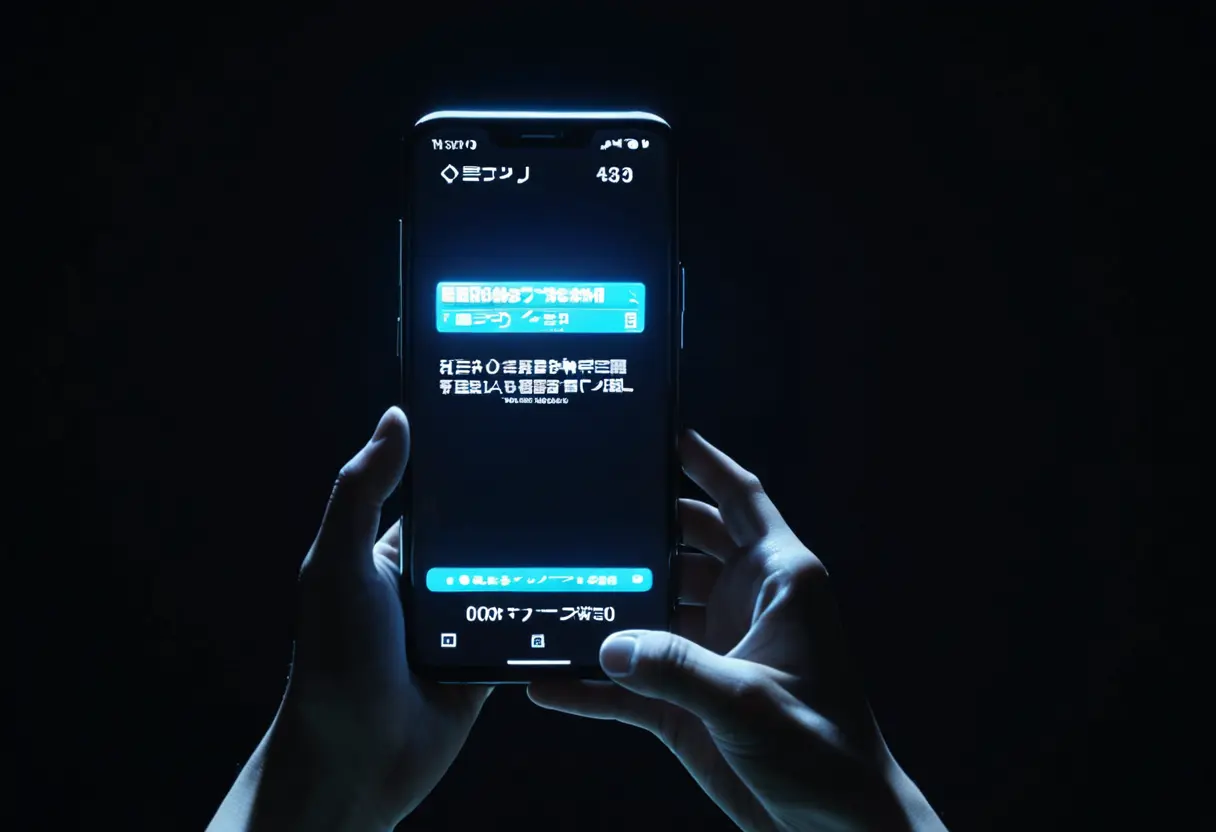 A smartphone glowing in a dark room with a recruitment message.