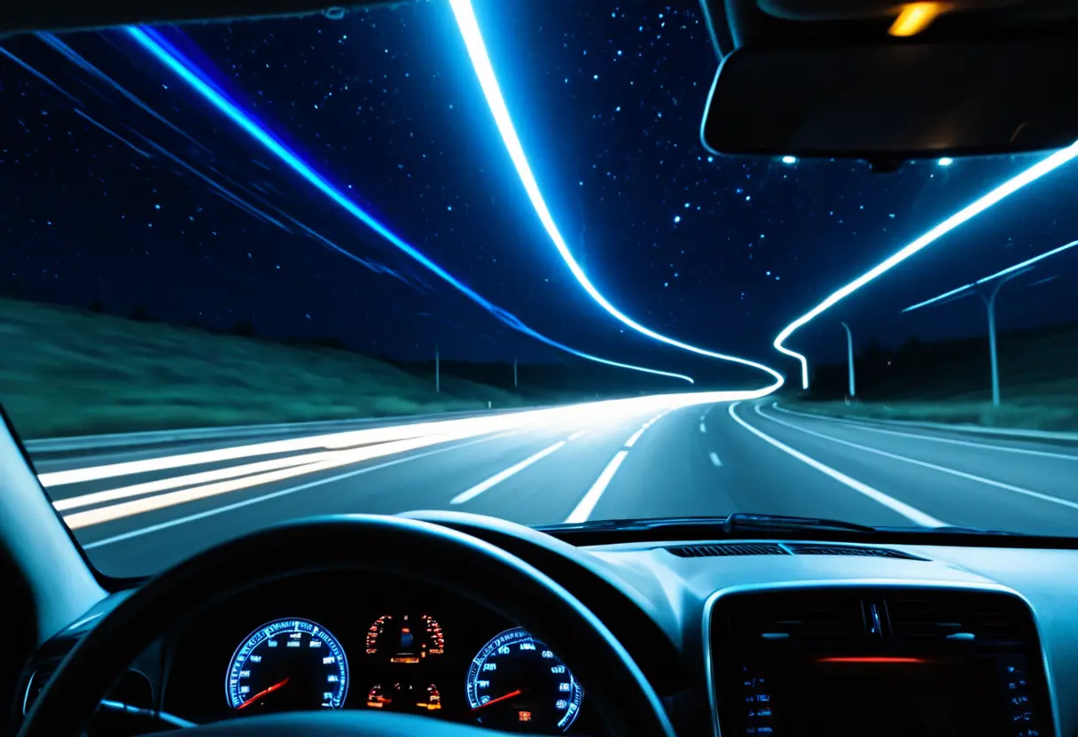 A dashboard perspective from a car with an old woman running beside it.