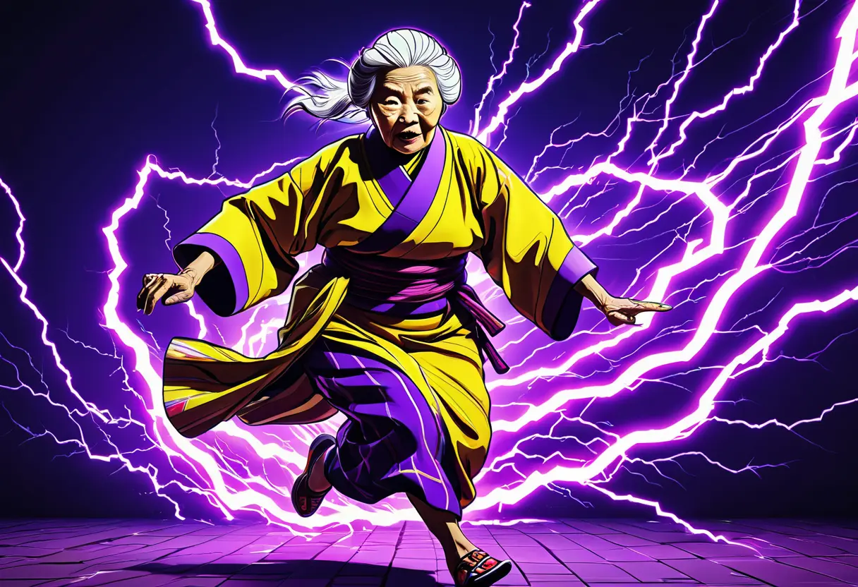 A neon-style illustration of a fast-running grandmother.