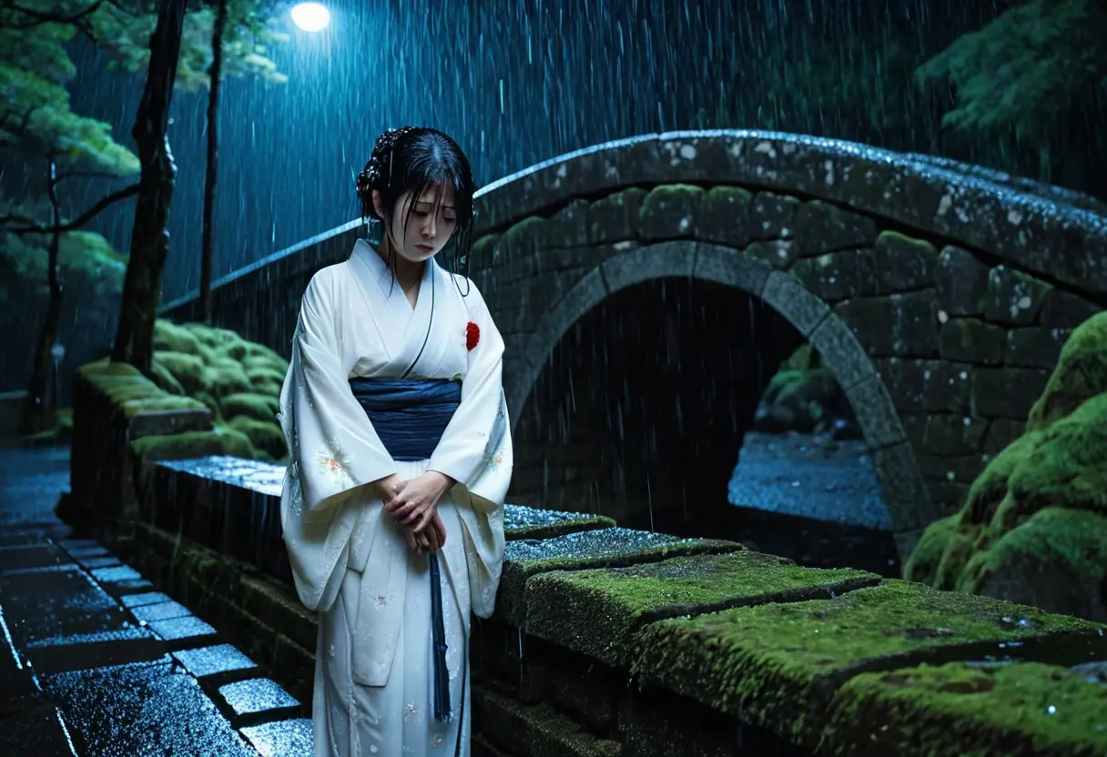 A pale woman in a white kimono standing in the rain by a bridge.