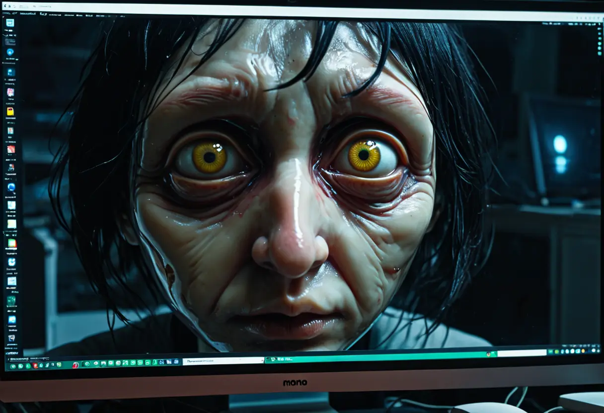 A distorted, wide-eyed bird-woman face in a dark monitor.