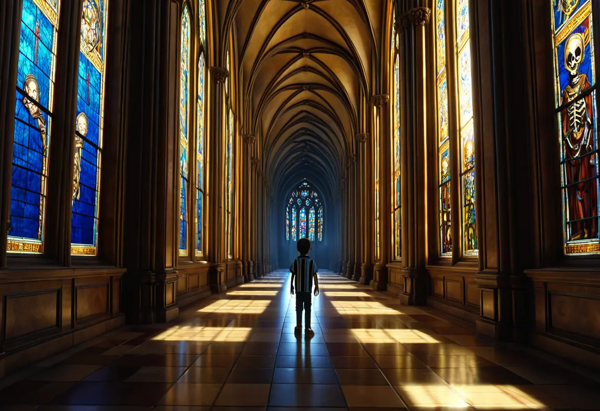 A golden hallway with a skeleton shadow.