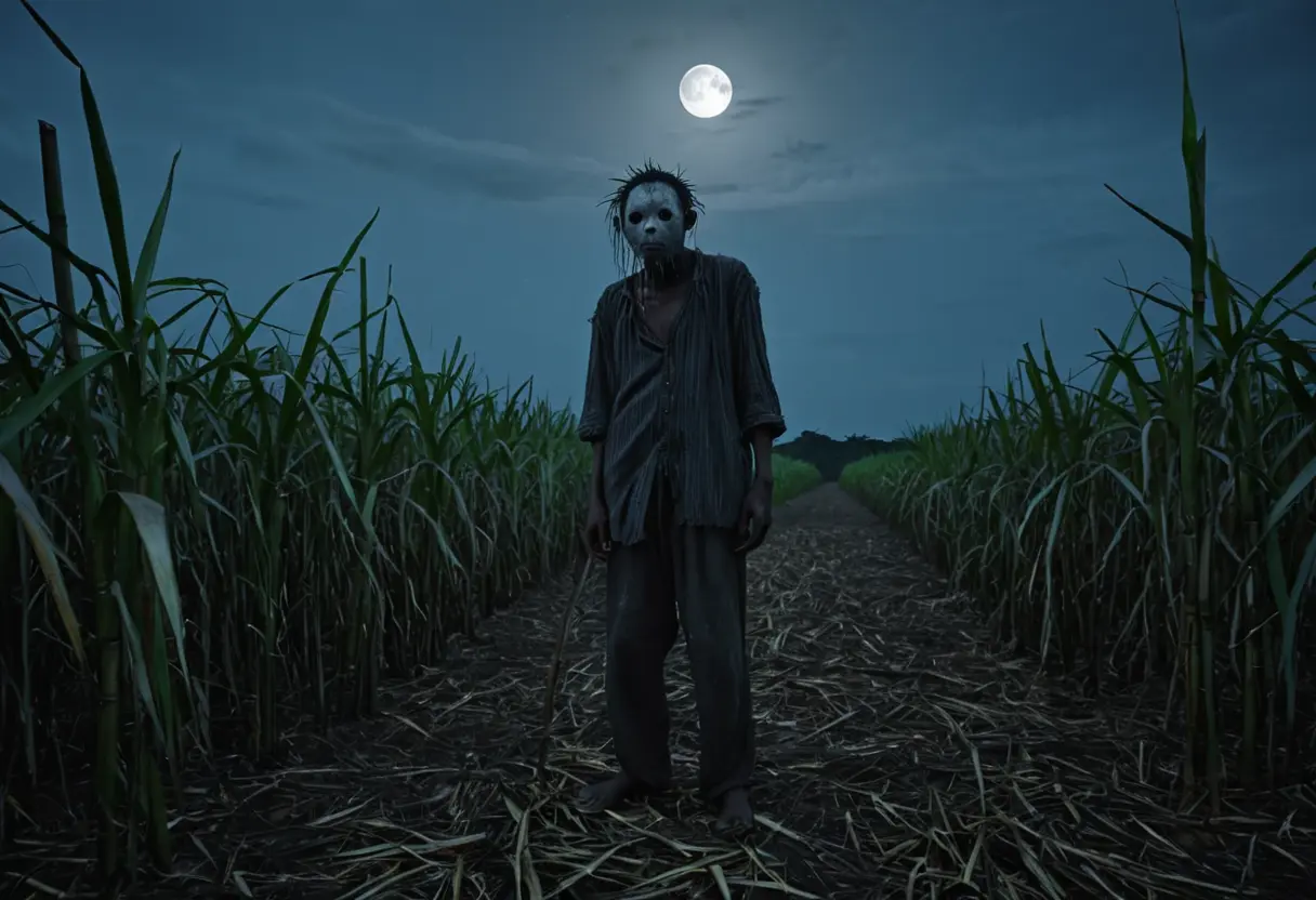 A hollow-eyed figure in a sugar cane field.