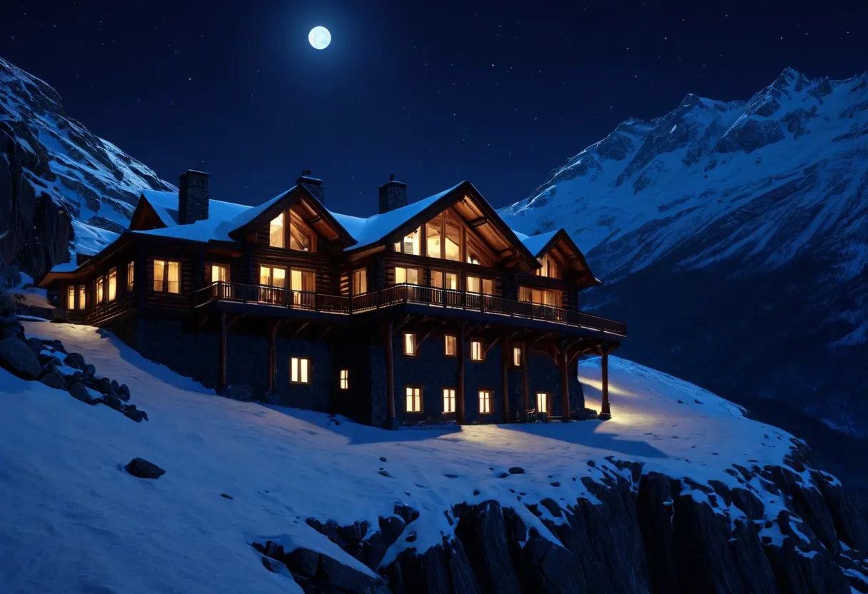 A snowy mountain with a dark lodge.