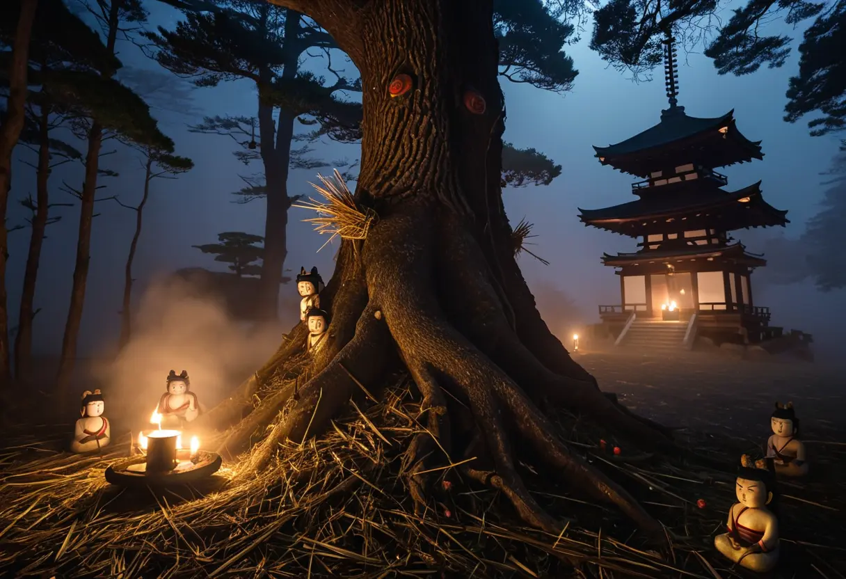 A gnarled tree at night with straw dolls nailed to it.
