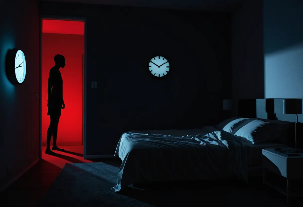A dark, modern bedroom clock showing 2:00 AM with a shadow leaning in.
