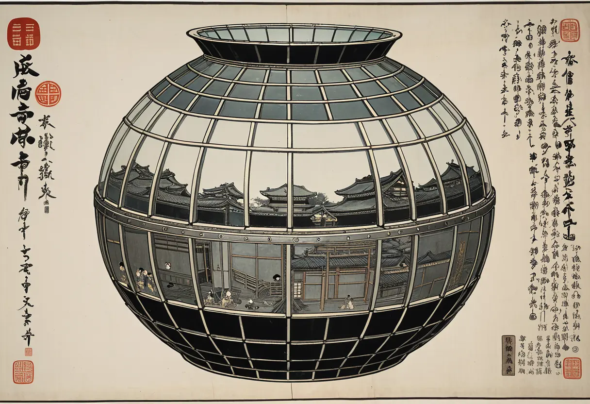 A detailed drawing of the Utsuro-bune with glass windows and metal plating.