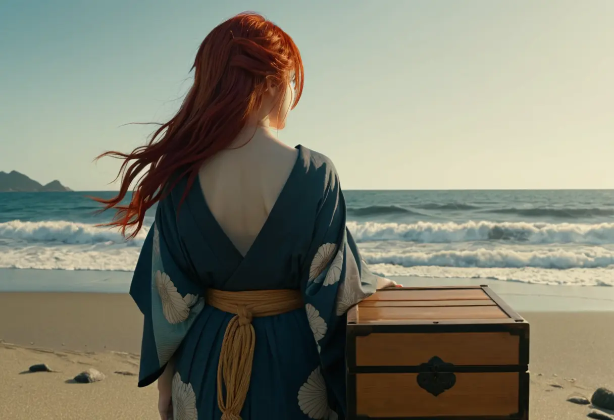 The woman holding the box while looking back at the sea.