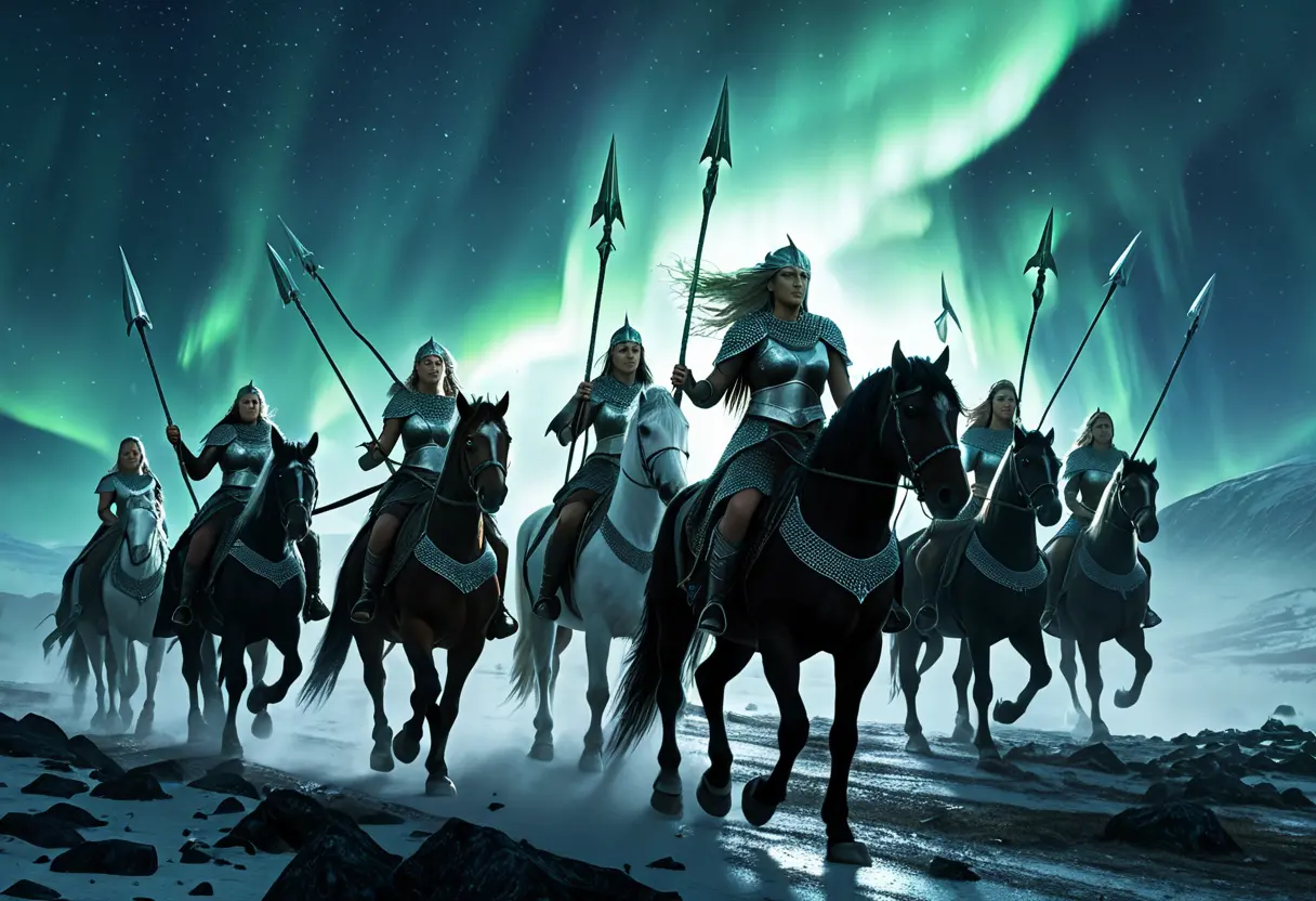 Valkyries riding through the Aurora Borealis.
