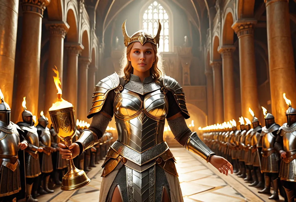 A Valkyrie serving mead in a grand hall.