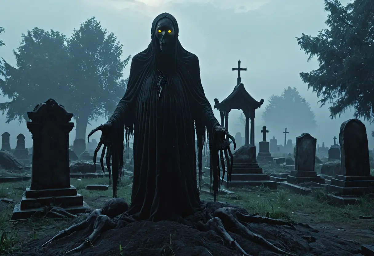 A dark, gritty depiction of an undead creature crawling from a grave in an old village cemetery.