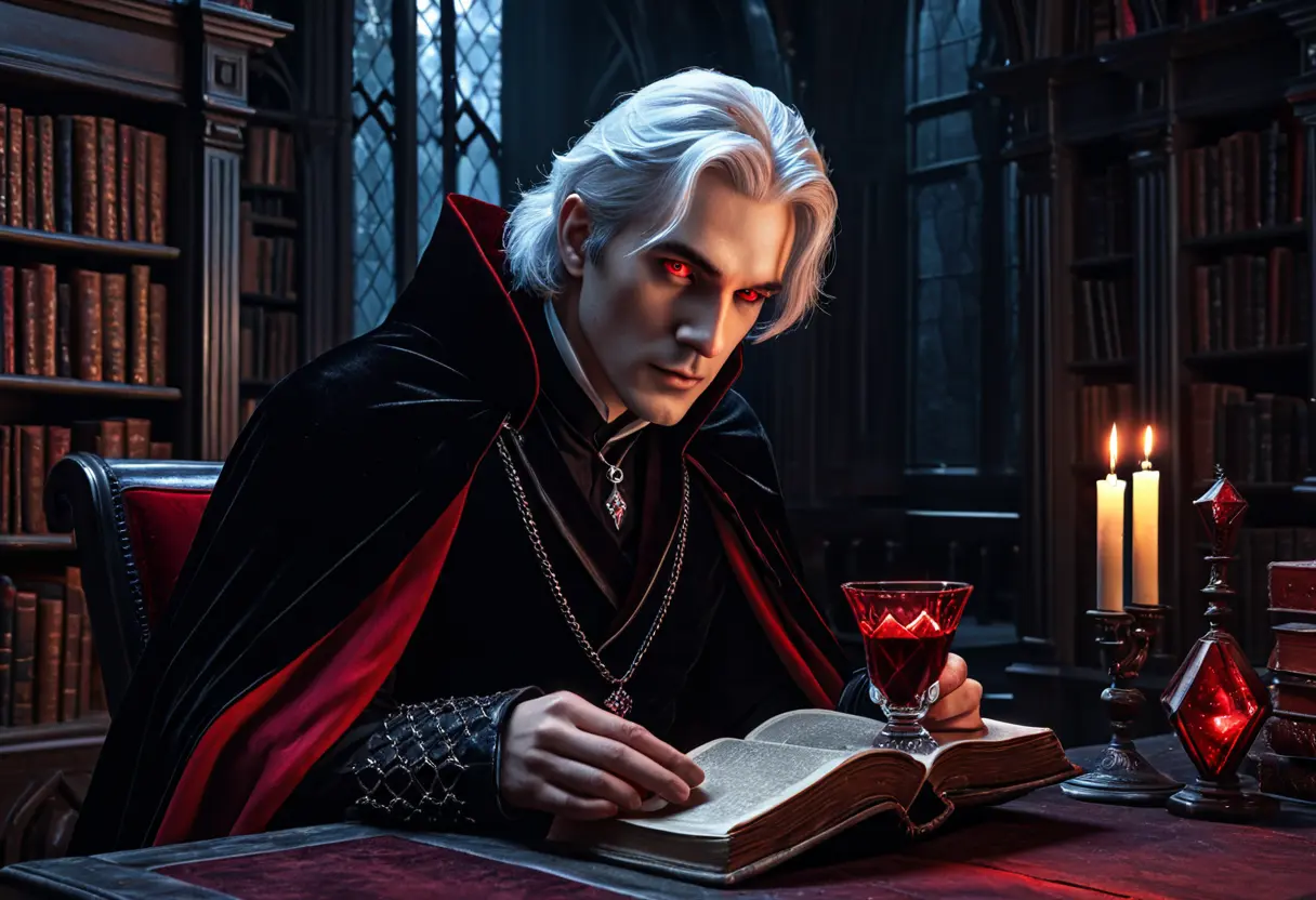 A sophisticated vampire nobleman in a Victorian library.