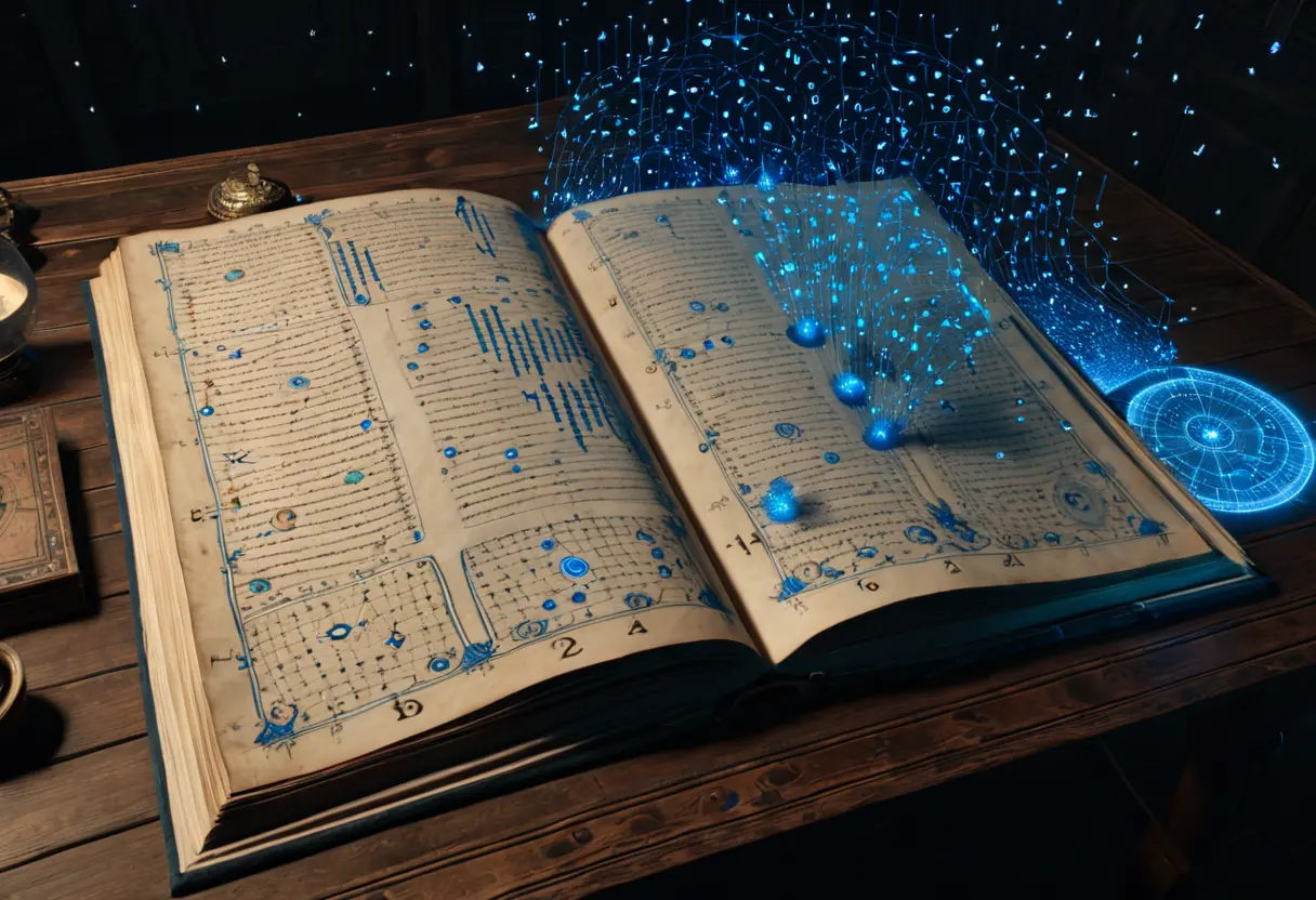 AI symbols overlaid on a Voynich page.