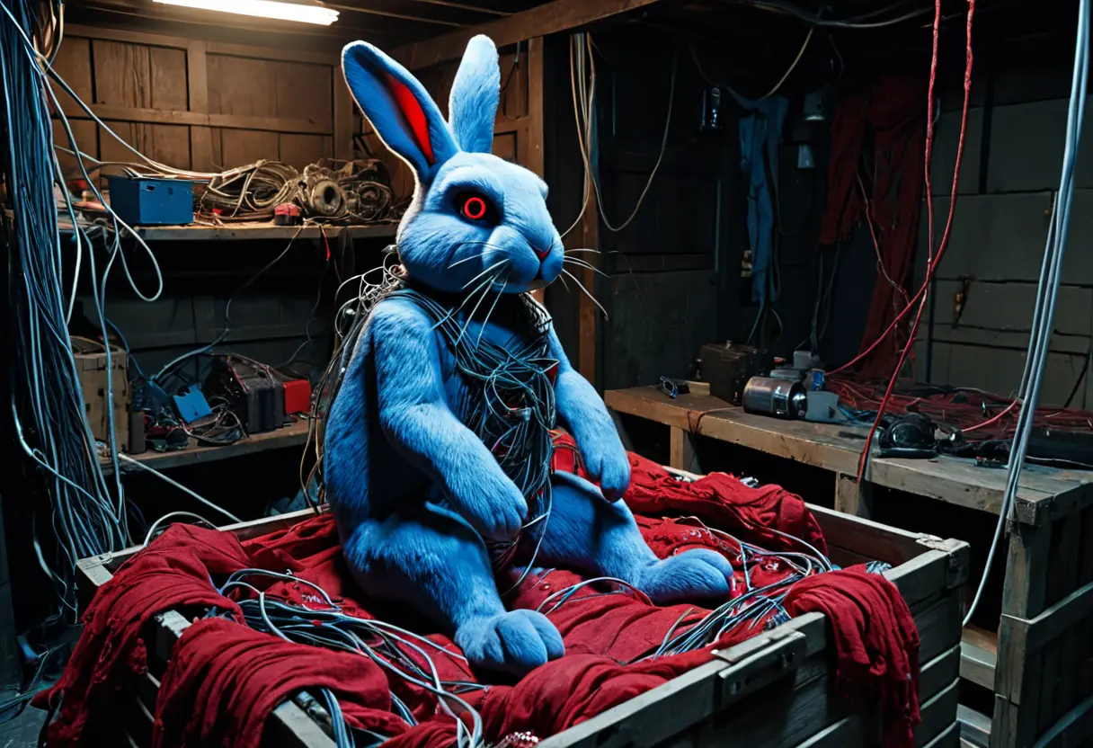 Bon the Rabbit in a dark storage room.