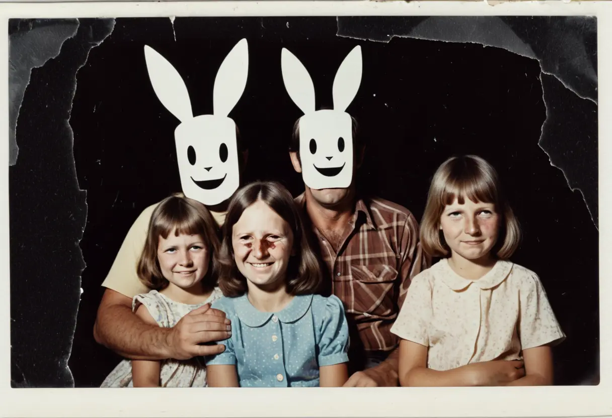 A corrupted 1970s family photo.