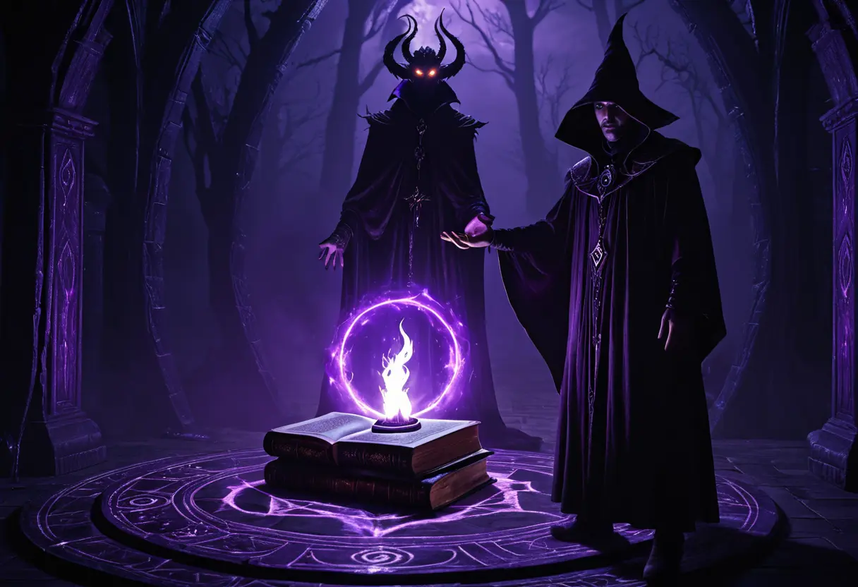 A dark shot of a warlock in a purple summoning circle facing a demon.
