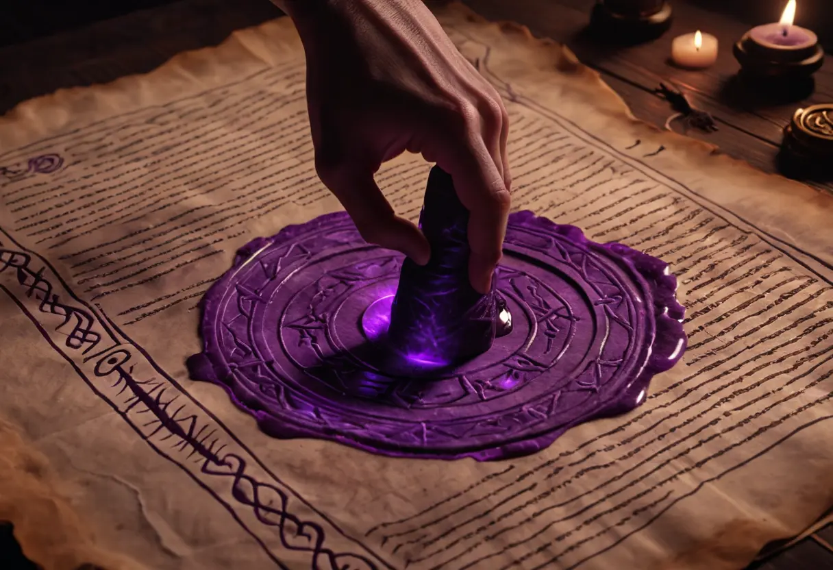 A close-up of an intricate dark soul-contract with a glowing seal.
