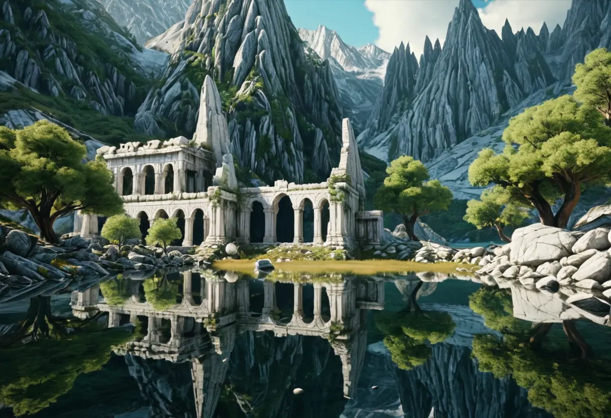 Ancient ruins reflecting in a quiet lake.