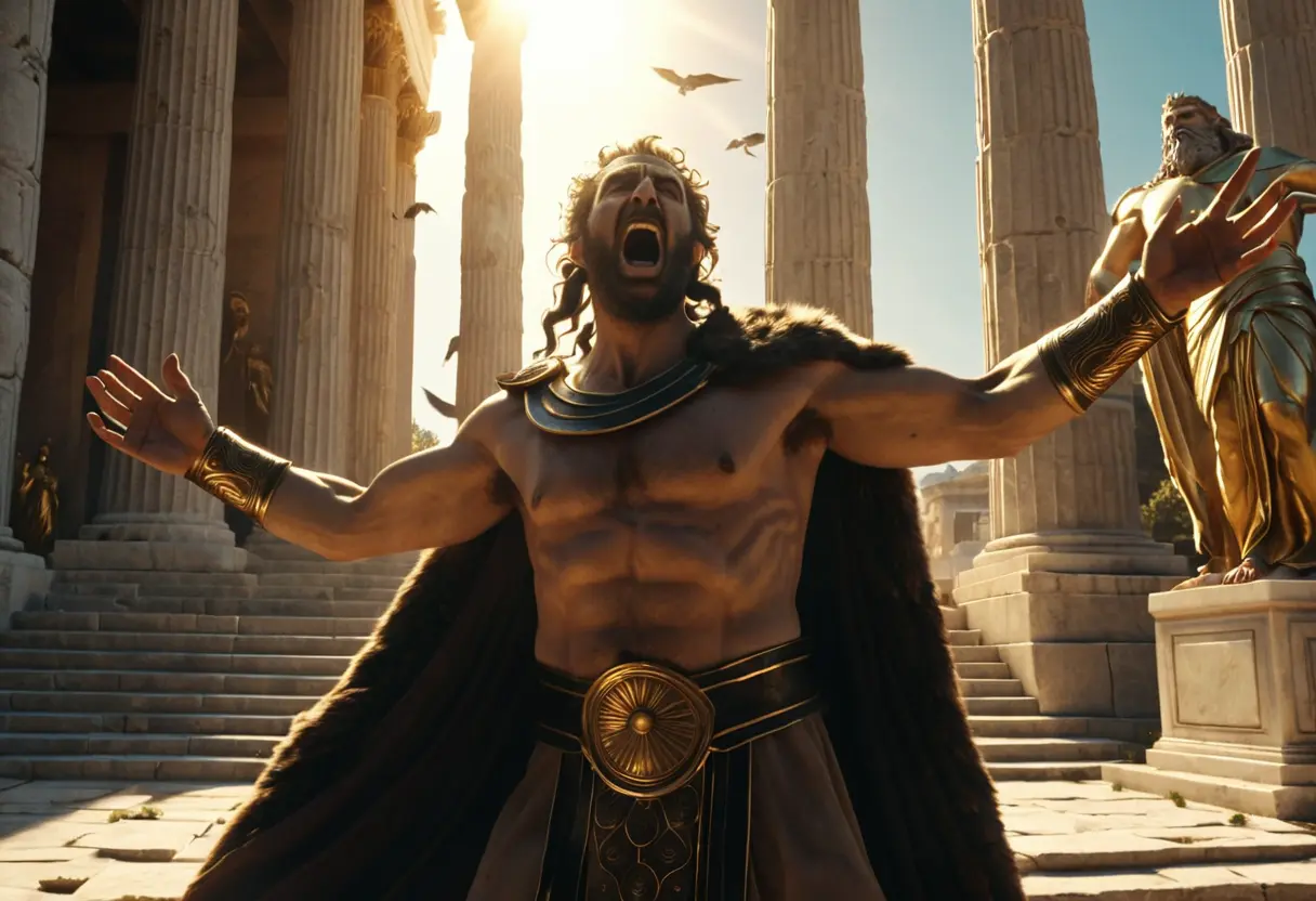 A Greek king transforming into a wolf in a sunlit temple.