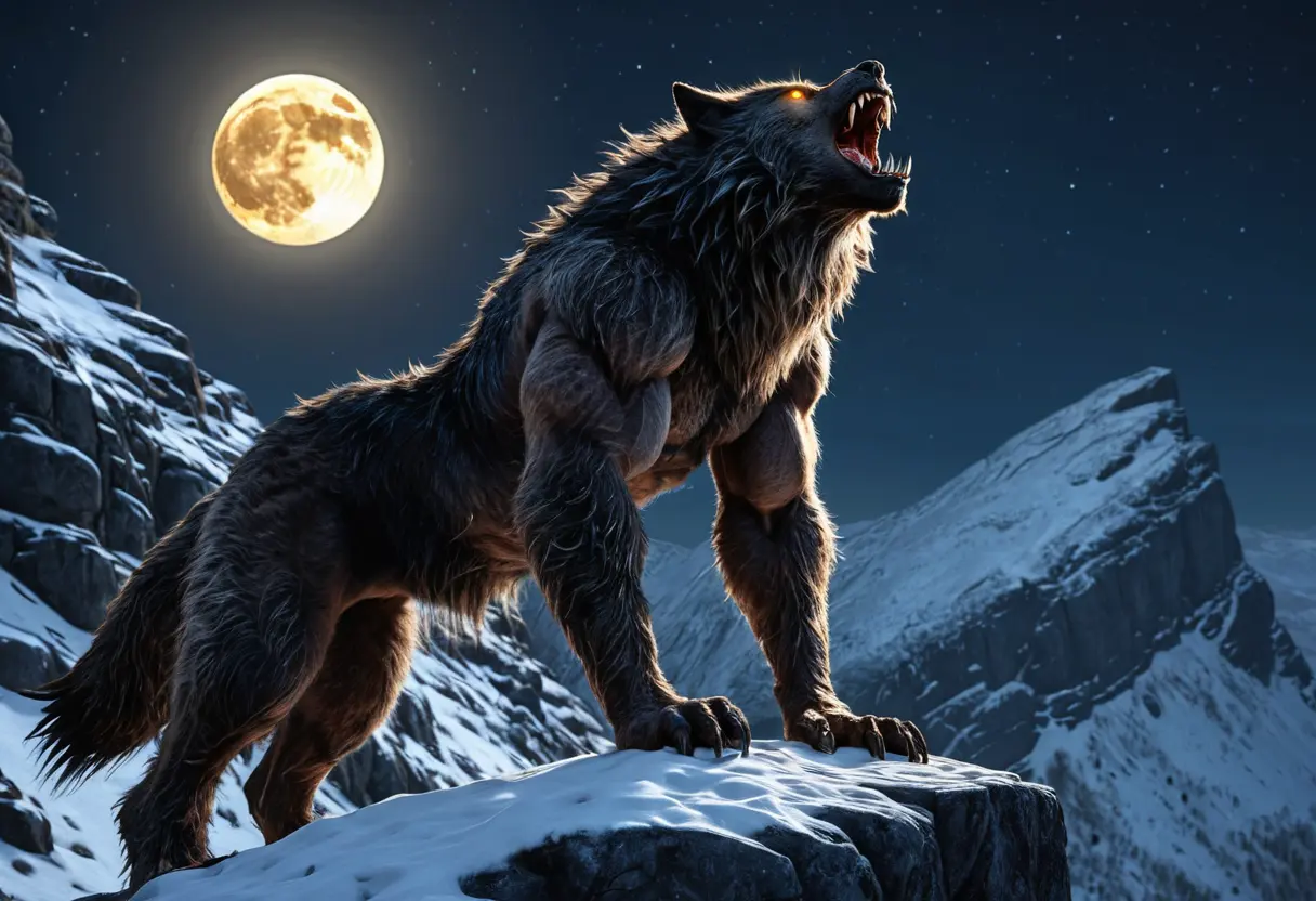 A werewolf howling at a massive full moon.