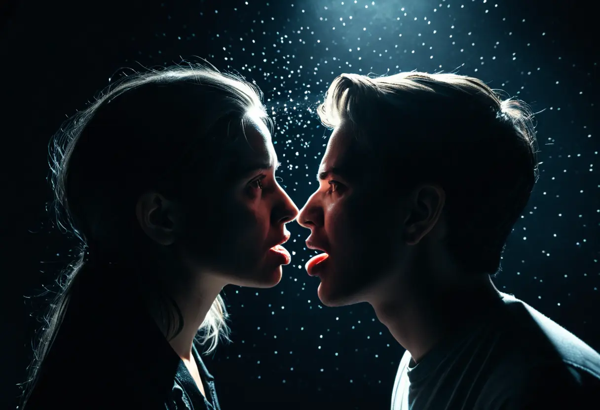 A person whispering into someone else&rsquo;s ear, with a shadowy virus-like shape spreading from the speaker.