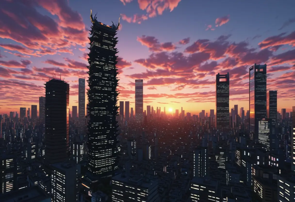 A glitched version of a city skyline with distorted code.