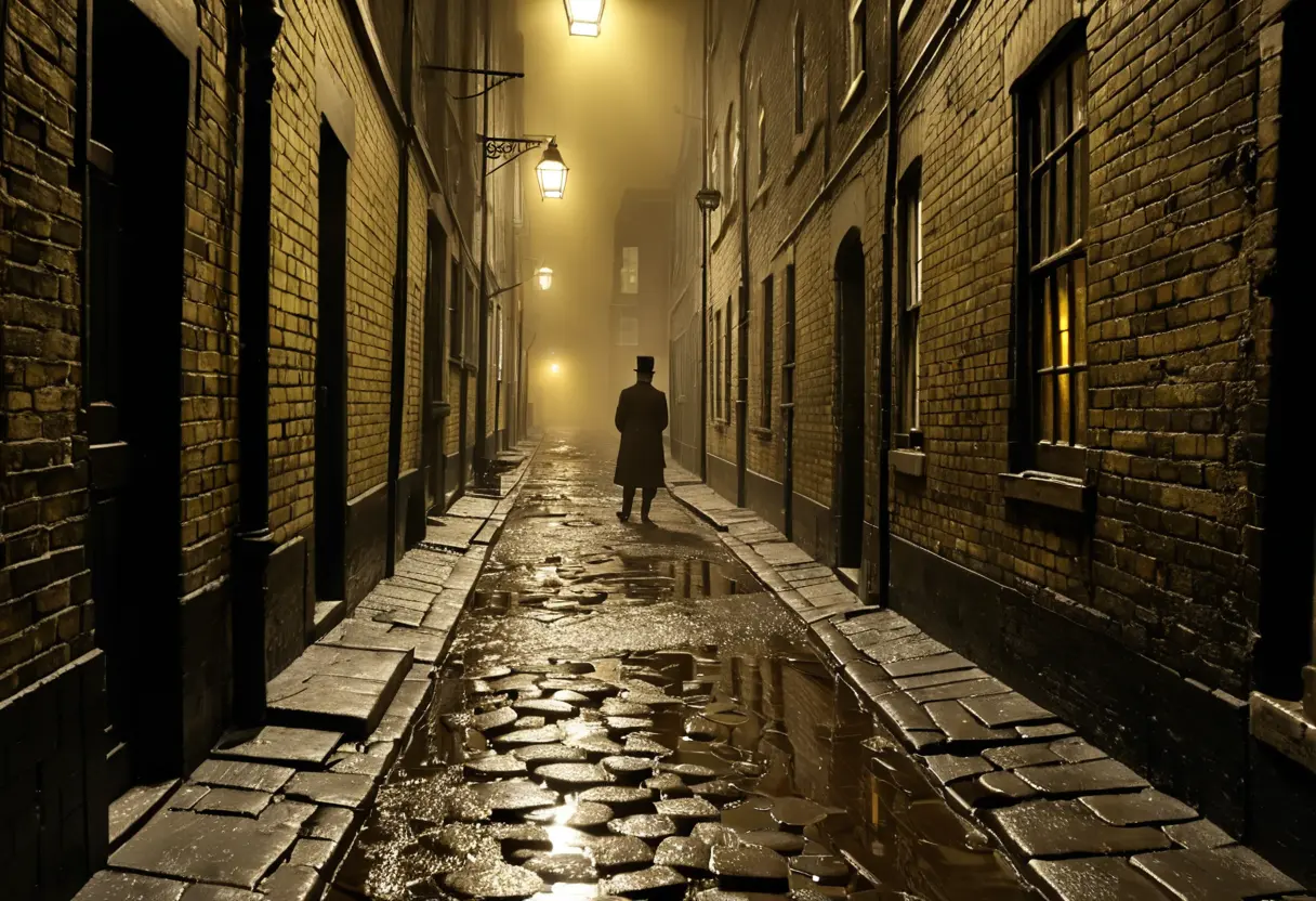 A dark, claustrophobic alleyway in Victorian London.