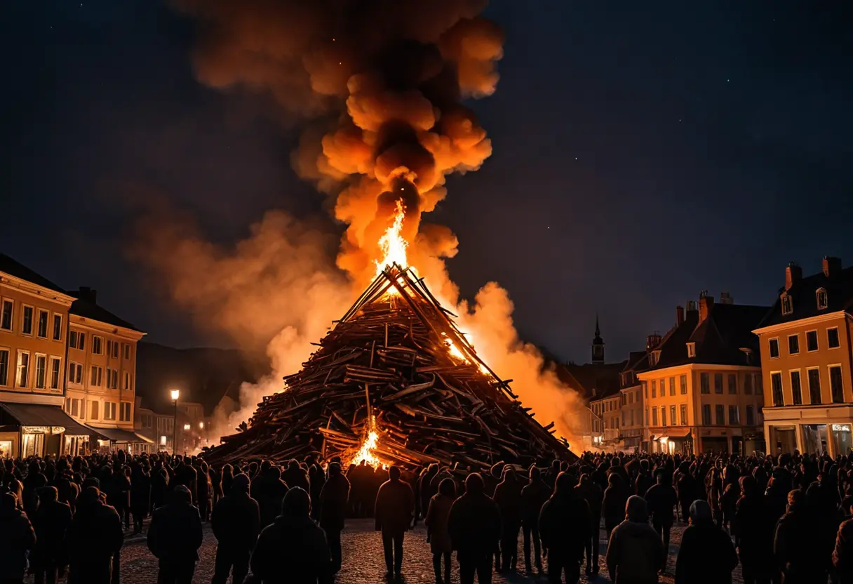 A pyre in a town square at night.