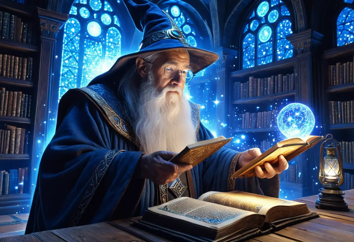 An elderly wizard studying a glowing ancient grimoire in a vast library.