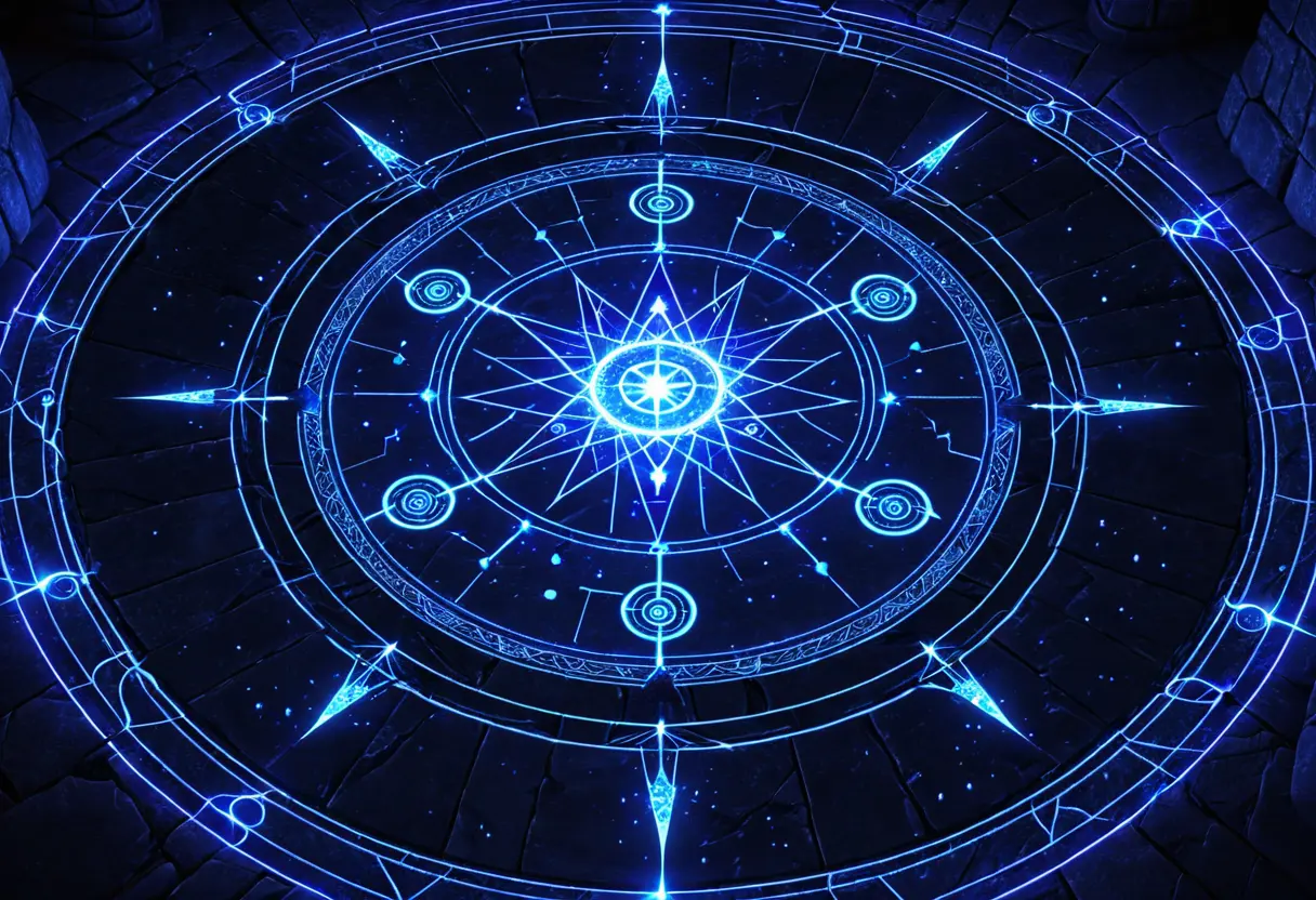A glowing magic circle on the floor of a dark tower.