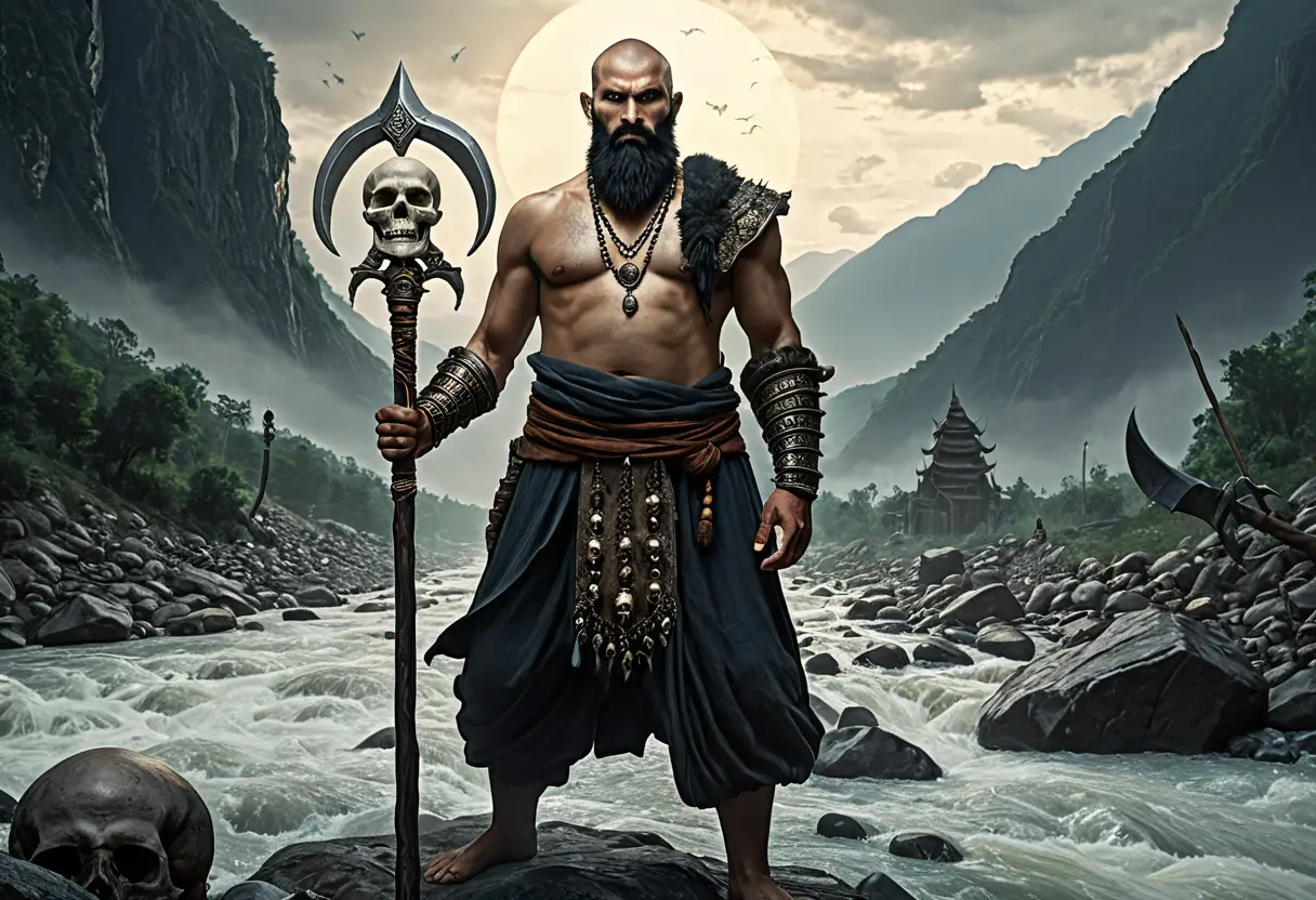 A tall man with a beard and a skull necklace.