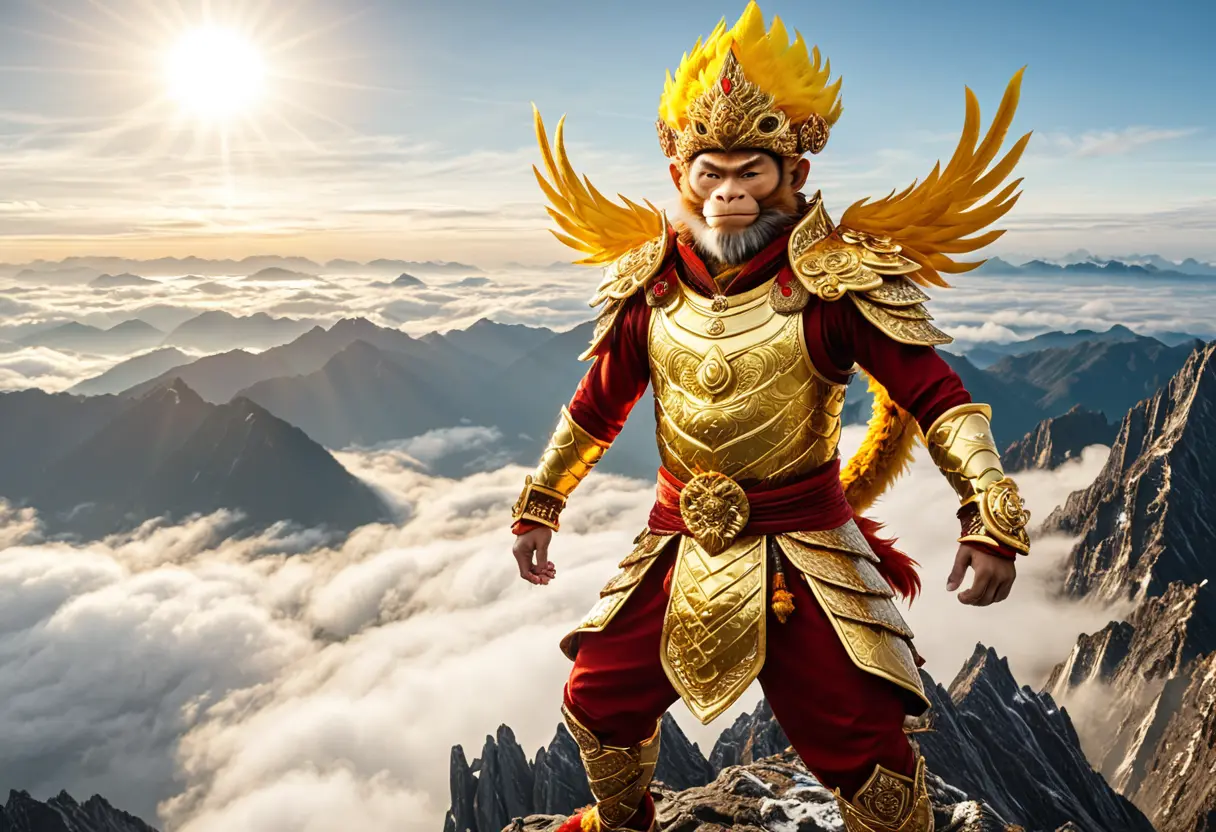 The Monkey King standing atop a mountain.