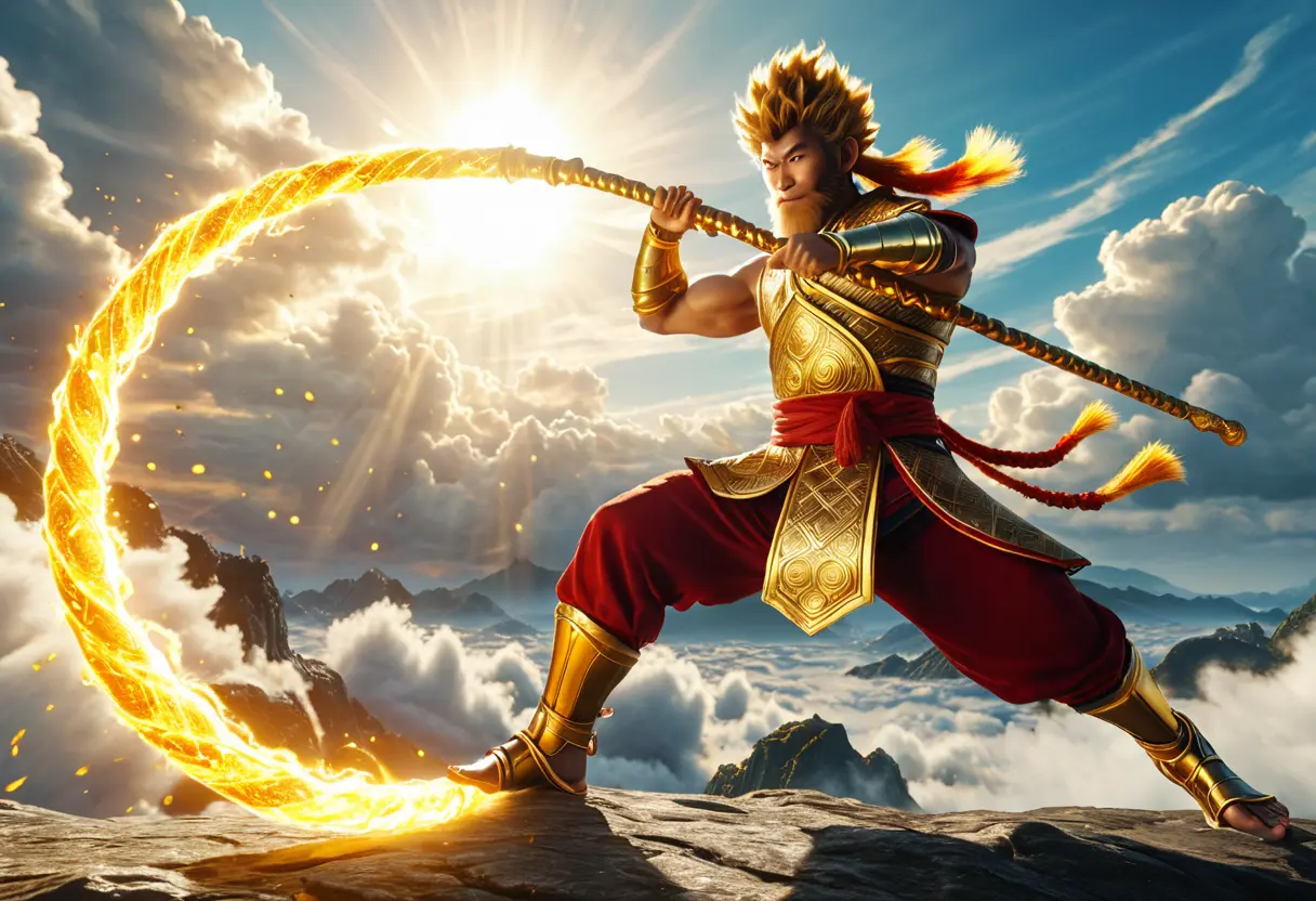 Wukong wielding his staff against a sea of clouds.