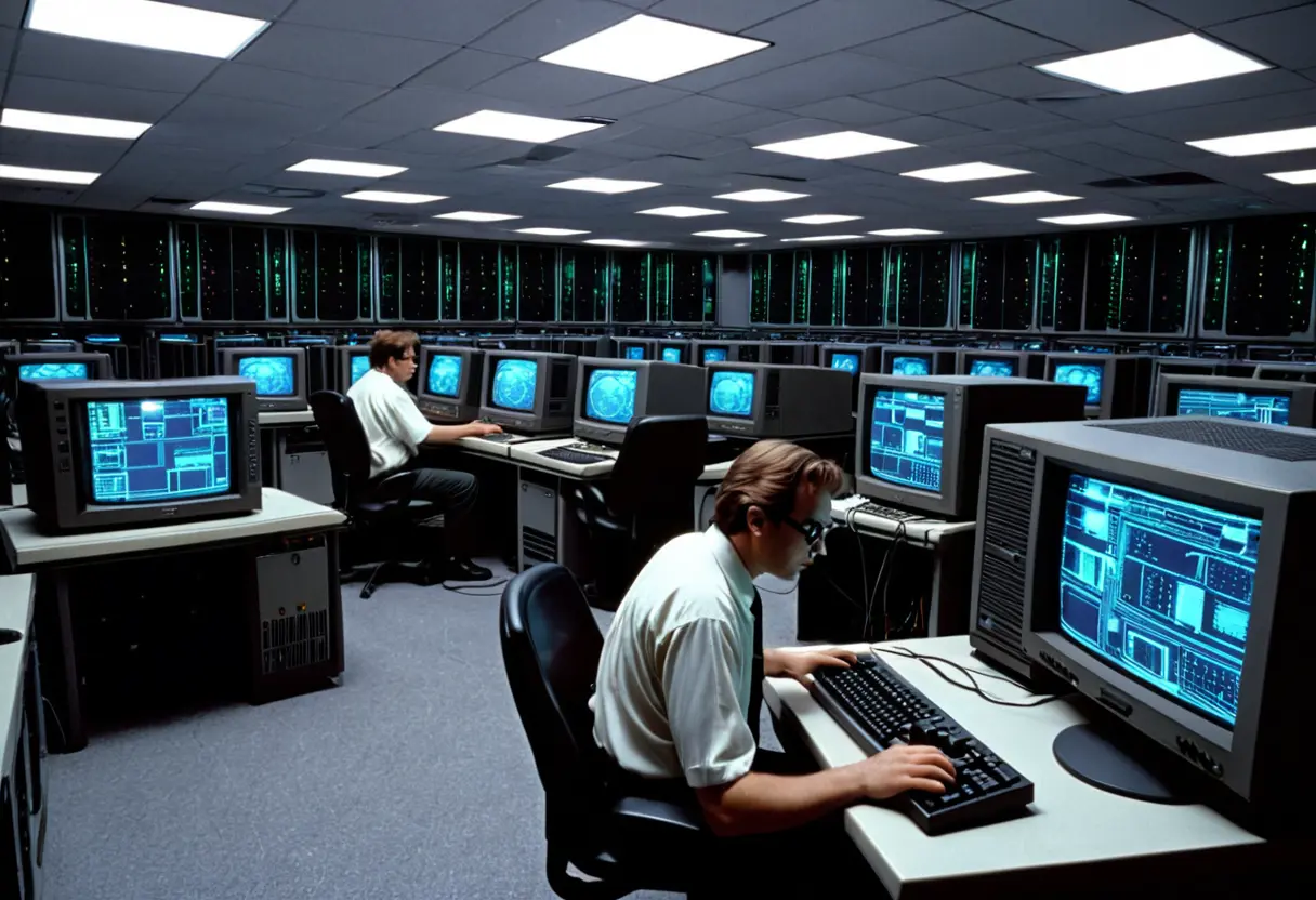A massive server room with technicians working frantically.