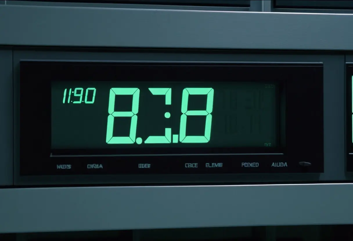 A neon-lit clock showing 00:00:01 on Jan 1, 2000.