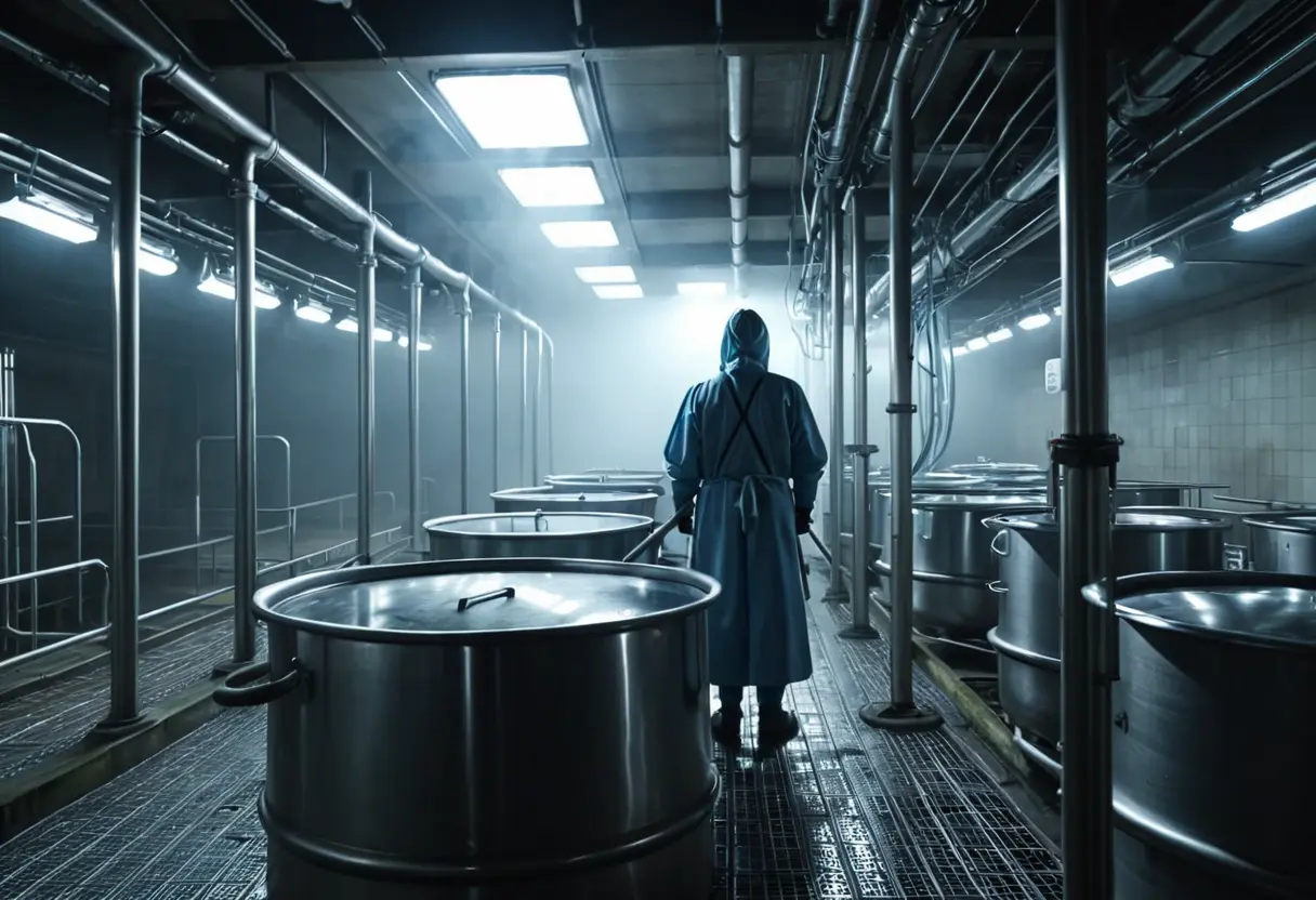 A sterile underground tank facility with dim lights.