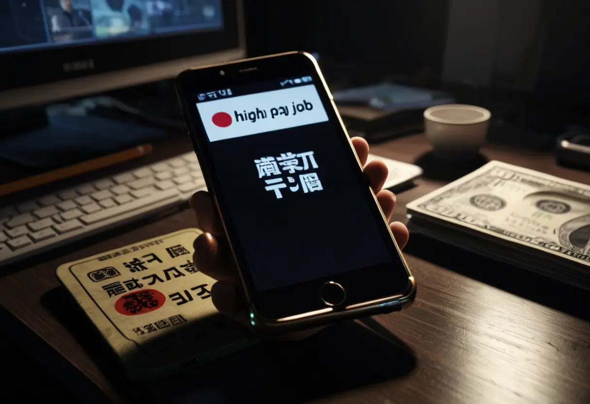 A smartphone glowing in the dark with a recruitment message.
